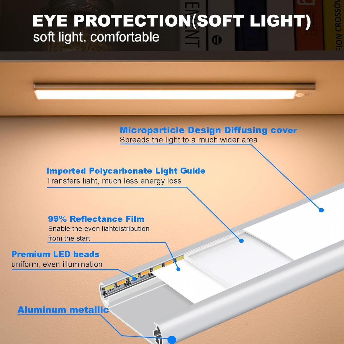 Magnetic under Cabinet Lighting 2 Pack, 12" Rechargeable - 3 Color Dimmable LED, Ultra Slim 1800 Battery Powered Motion Sensor Light Indoor Punch-Free Smart Sensor Magnetic Rechargeable Led Light
