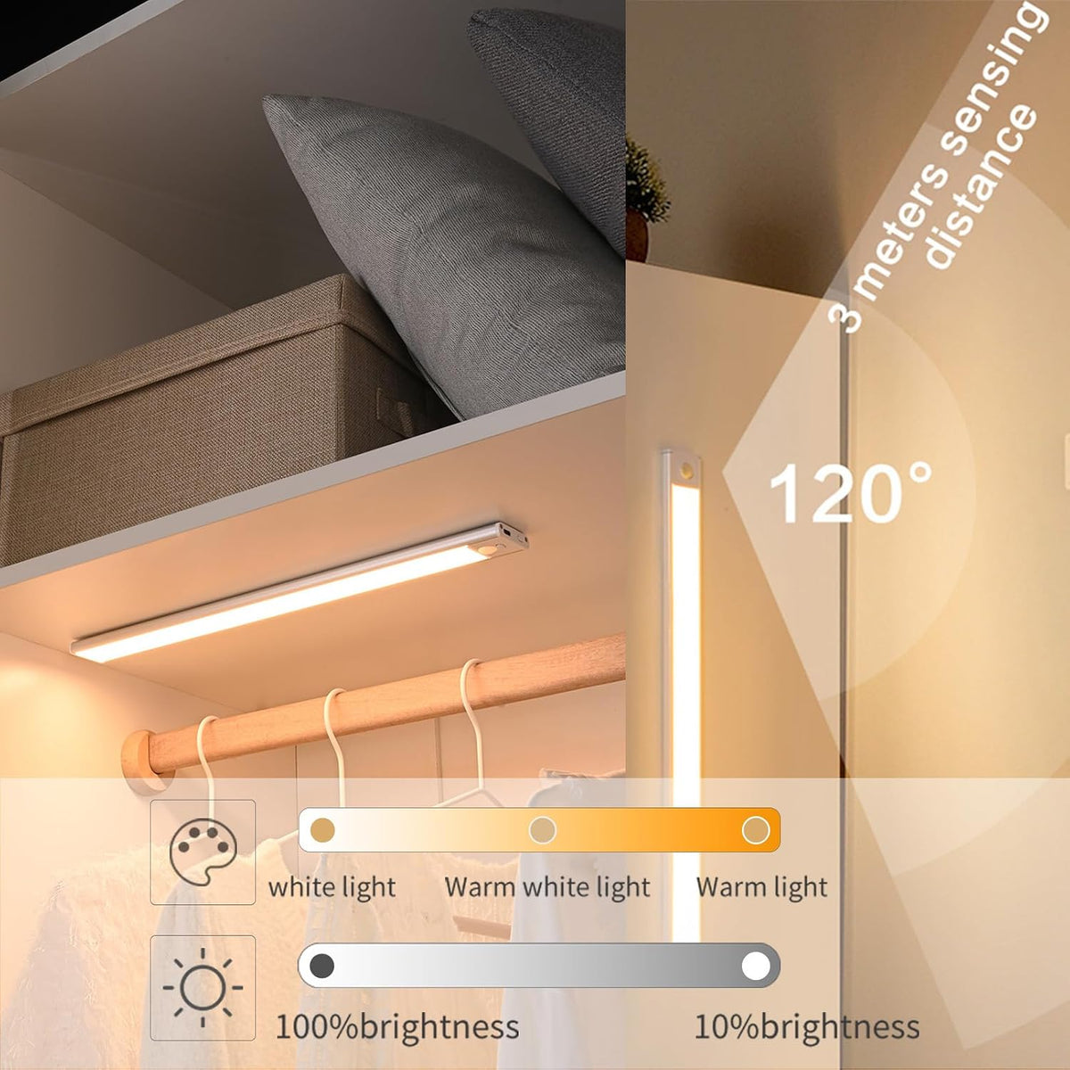 Magnetic under Cabinet Lighting 2 Pack, 12" Rechargeable - 3 Color Dimmable LED, Ultra Slim 1800 Battery Powered Motion Sensor Light Indoor Punch-Free Smart Sensor Magnetic Rechargeable Led Light