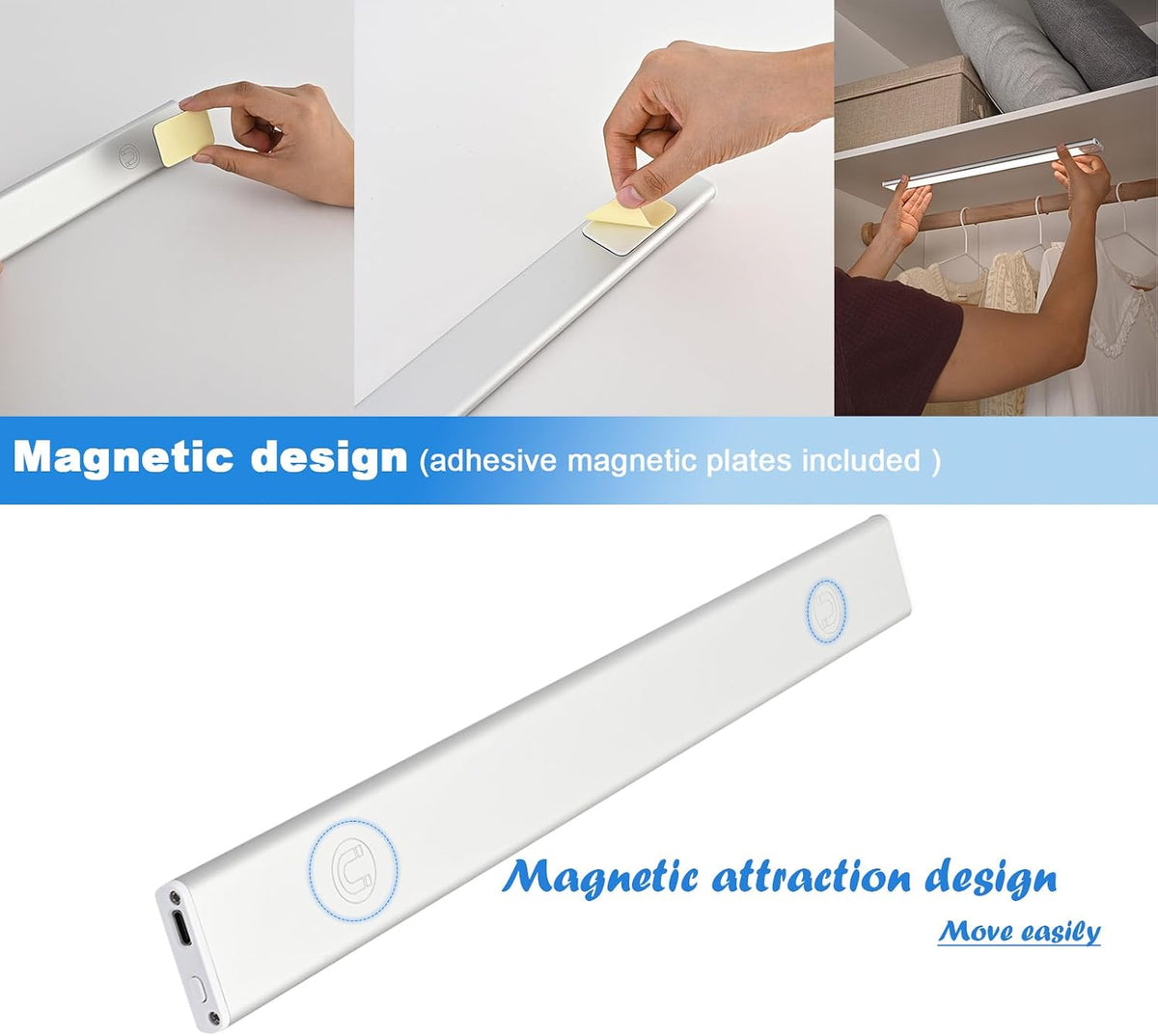 Magnetic under Cabinet Lighting 2 Pack, 12" Rechargeable - 3 Color Dimmable LED, Ultra Slim 1800 Battery Powered Motion Sensor Light Indoor Punch-Free Smart Sensor Magnetic Rechargeable Led Light