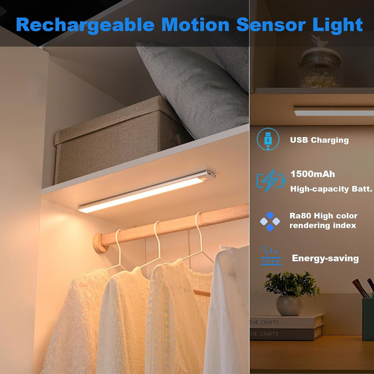 Magnetic under Cabinet Lighting 2 Pack, 12" Rechargeable - 3 Color Dimmable LED, Ultra Slim 1800 Battery Powered Motion Sensor Light Indoor Punch-Free Smart Sensor Magnetic Rechargeable Led Light
